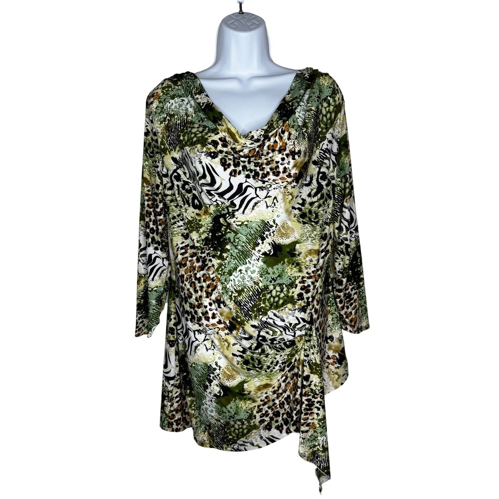 Milano Tunic Women L Green Animal Print Cowl Neck Mob Wife Asymmetrical Top